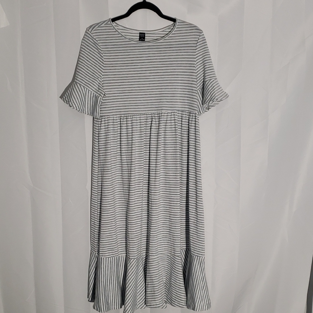 Cottagecore Babydoll Striped Gray White Midi Dress Tiered Flutter Sleeve XL